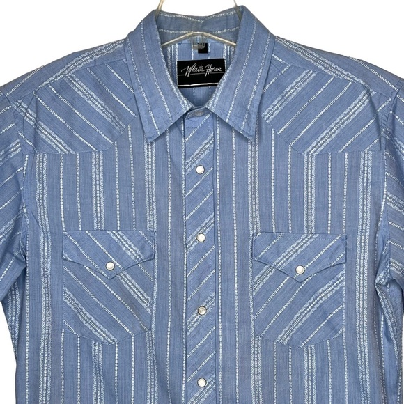 White Horse Light Blue Striped Western Pearlescent Button Long Sleeve Shirt L - Picture 2 of 10